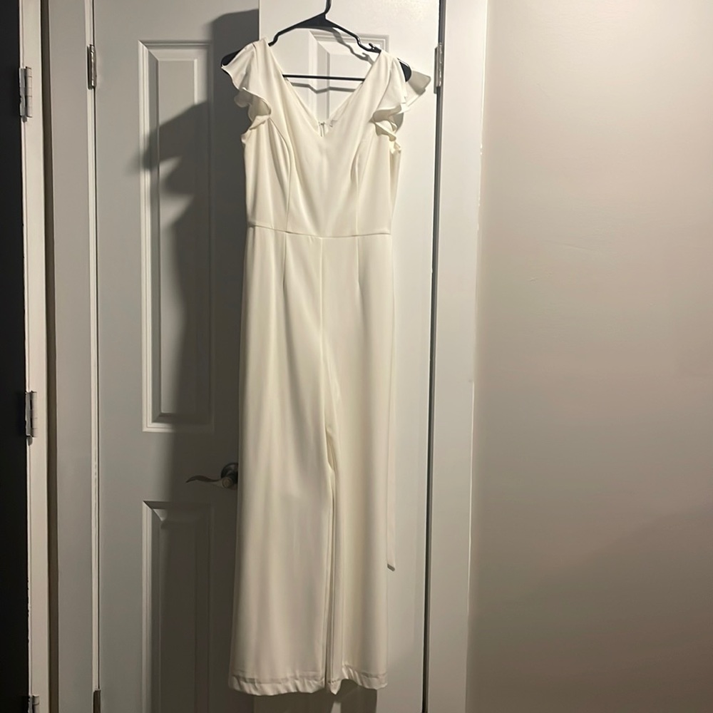 White, flutter sleeve, wide leg jumpsuit